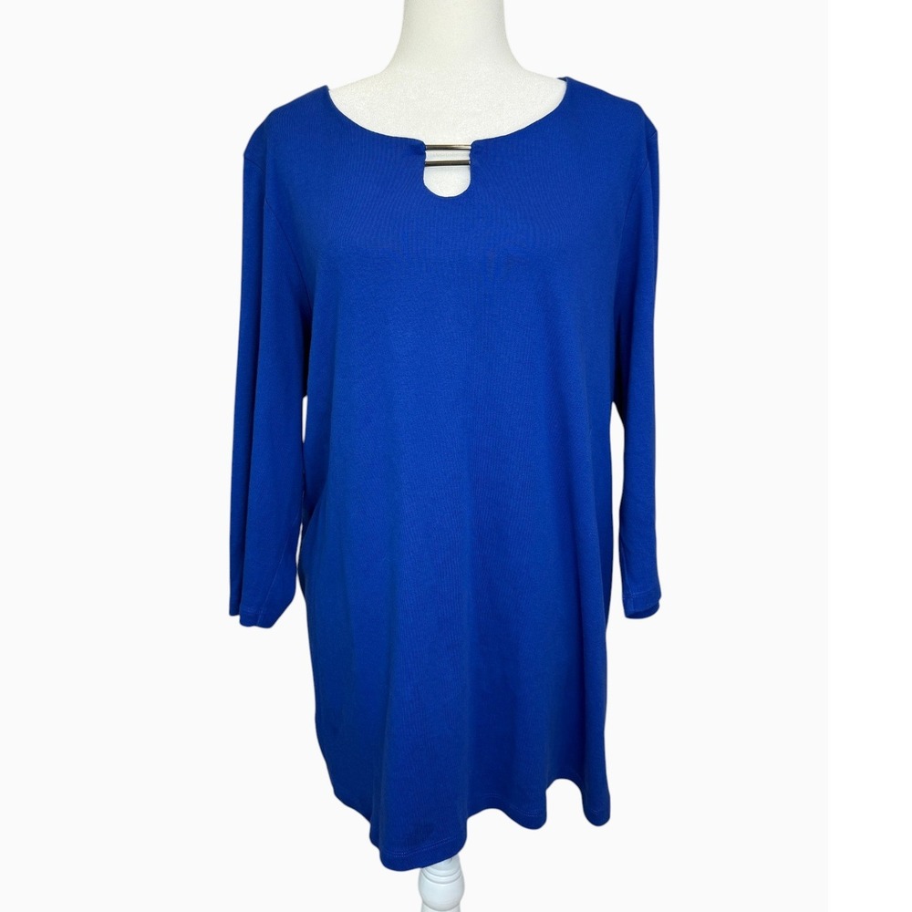 Karen Scott Women's 2X Royal Blue Cotton Tunic Top Keyhole Metal Detail NWOT